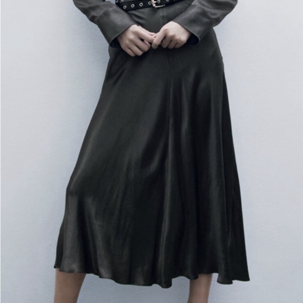 NWT Zara New Satin Effect Midi Skirt Size Small Dark Grey